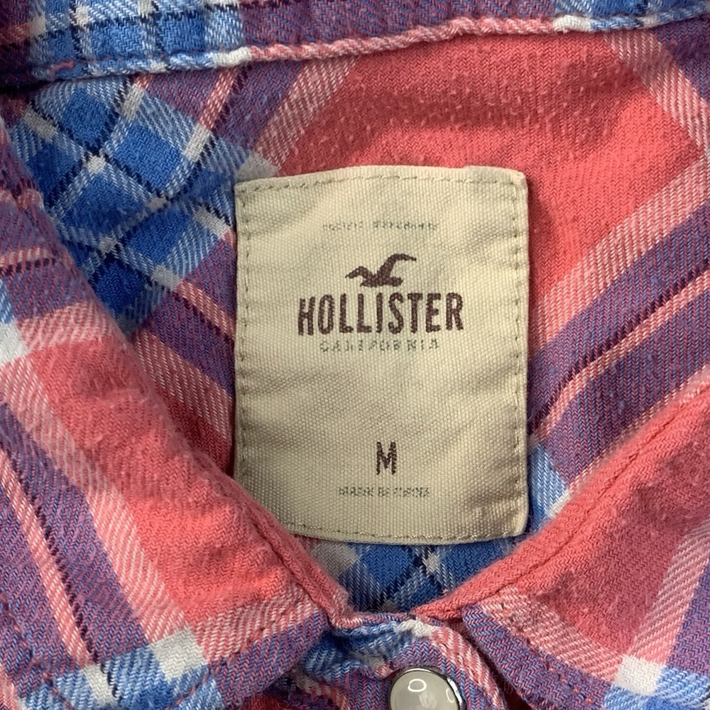 Hollister Women's Pink Blue Plaid Flannel Shirt Pearl Snap Buttons Size M - Picture 2 of 6